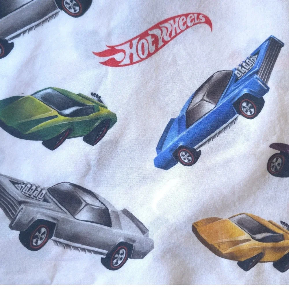 Pottery Barn Kids Hot Wheels Organic Cotton Full Flat Sheet White Racing Cars
